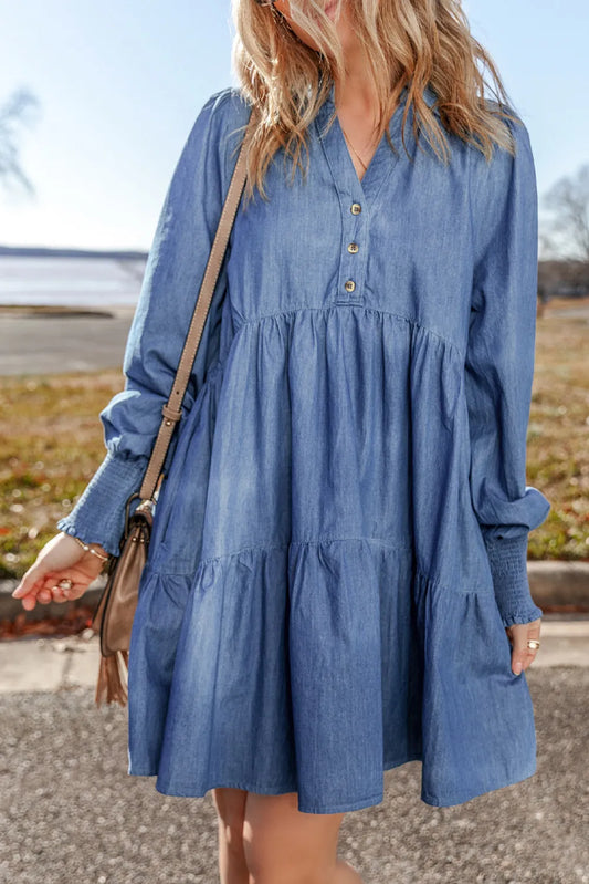 Johnny Collar Long Sleeve Denim Dress