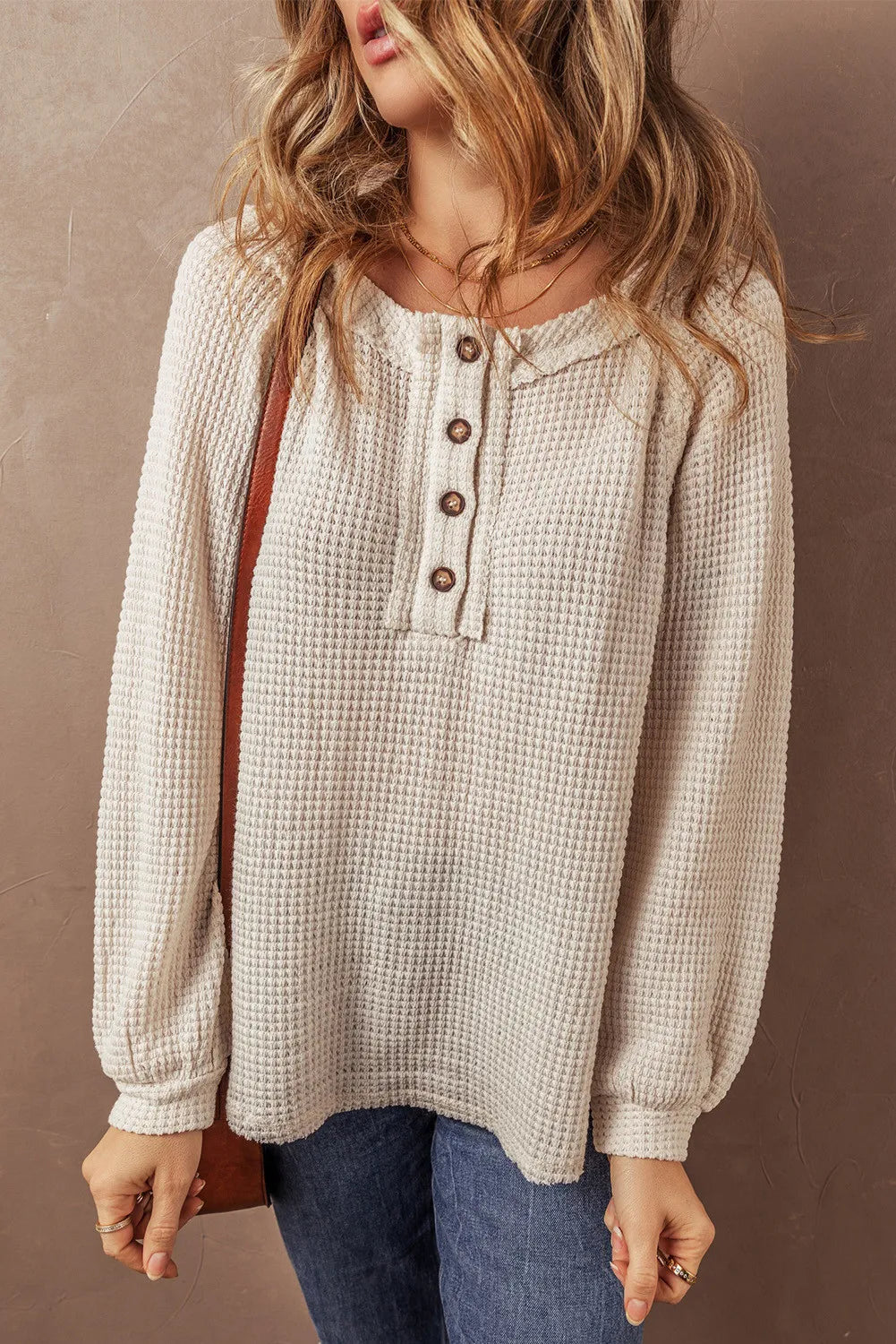 Chloe Waffle-Knit Half Button Long Sleeve Top