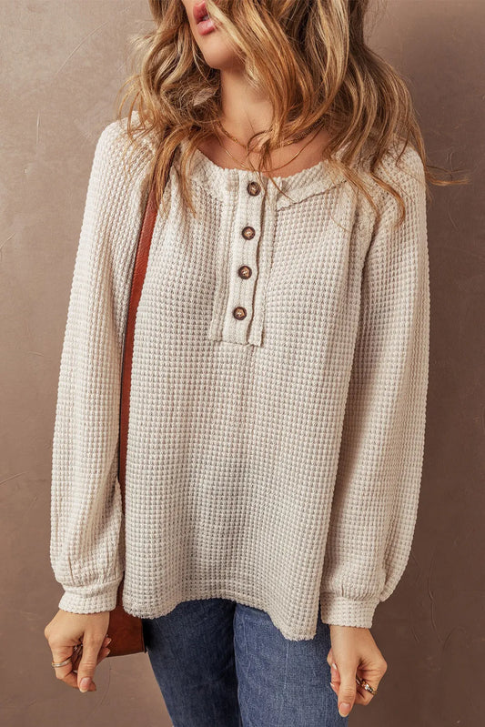 Chloe Waffle-Knit Half Button Long Sleeve Top