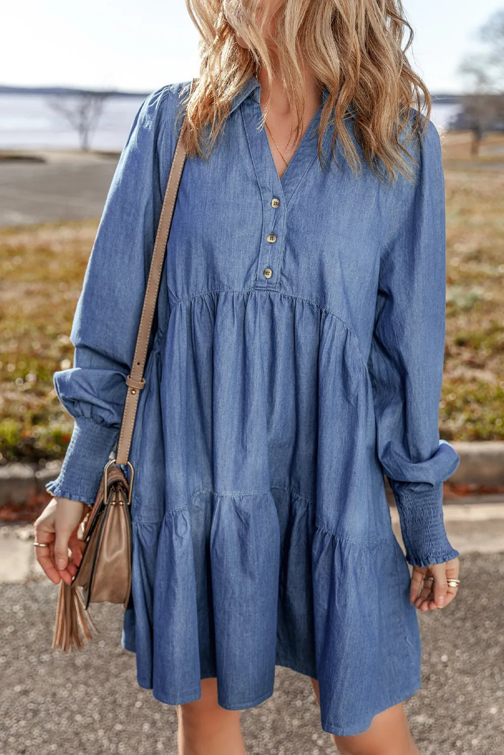 Johnny Collar Long Sleeve Denim Dress