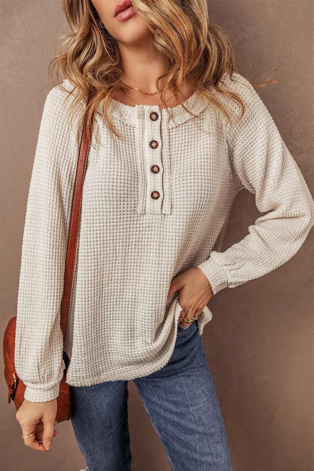 Chloe Waffle-Knit Half Button Long Sleeve Top