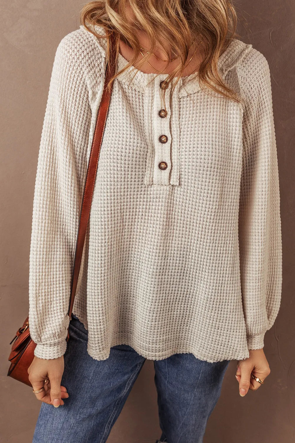 Chloe Waffle-Knit Half Button Long Sleeve Top